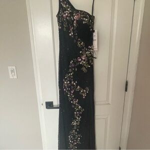 Black One-Shoulder Dress with Floral Embellishments